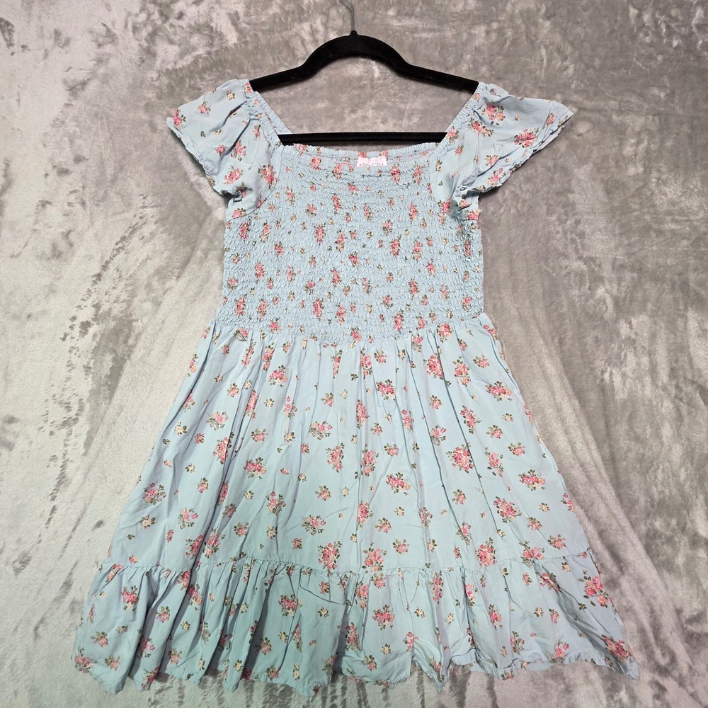 Childrens Place Girls Blue Floral Smocked Dress XL 14 Pink Rose Flutter Sleeve